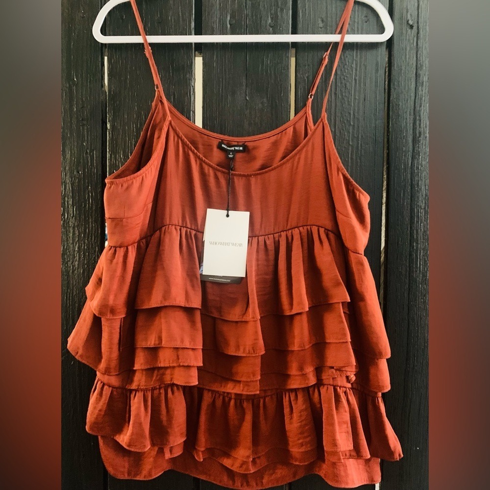 NWT Burnt Orange‎ UT Football Fall Tiered Ruffle Cami Top Boho WHO WHAT WHERE L
